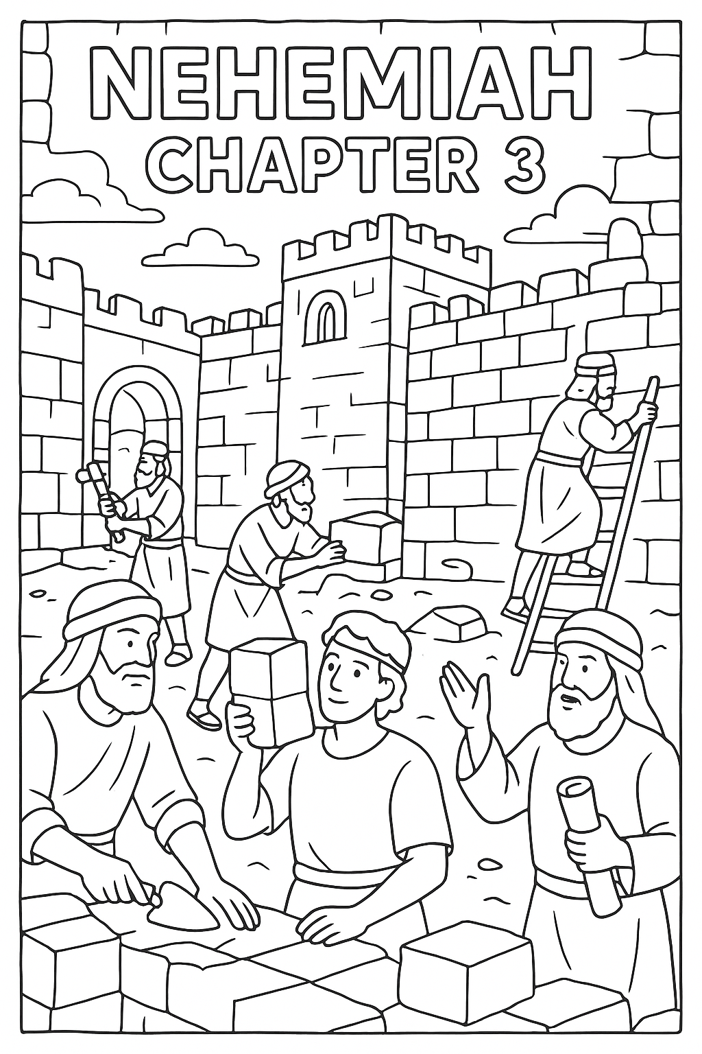 Coloring page of Israelites building the wall of Jerusalem